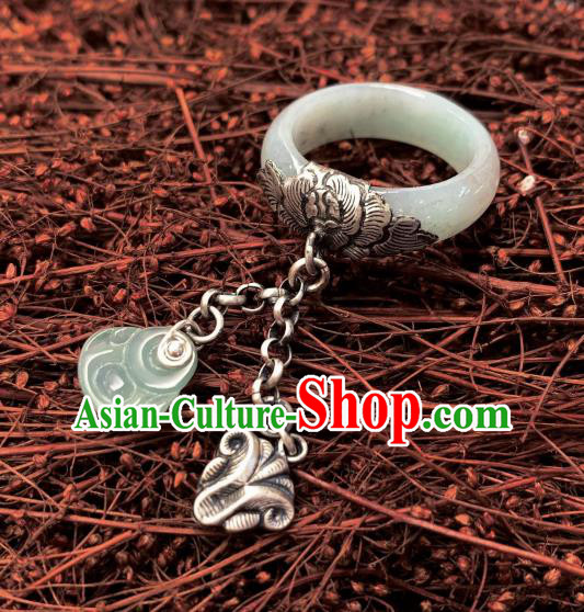 Chinese Handmade White Jade Ring National Silver Tassel Circlet Jewelry