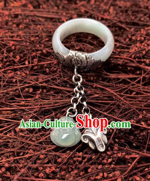 Chinese Handmade White Jade Ring National Silver Tassel Circlet Jewelry