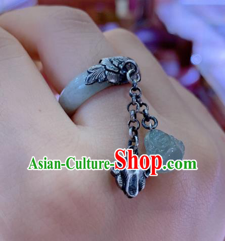 Chinese Handmade White Jade Ring National Silver Tassel Circlet Jewelry