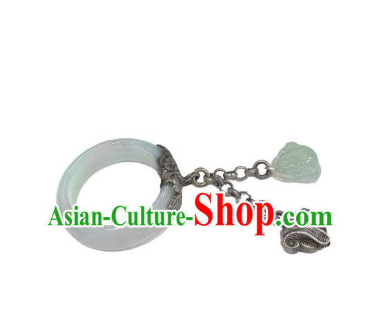 Chinese Handmade White Jade Ring National Silver Tassel Circlet Jewelry