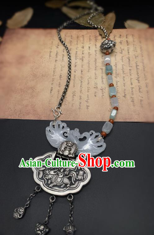Handmade Chinese Jade Carving Phoenix Necklace Pendant National Silver Lock Tassel Necklet Accessories