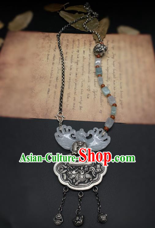 Handmade Chinese Jade Carving Phoenix Necklace Pendant National Silver Lock Tassel Necklet Accessories