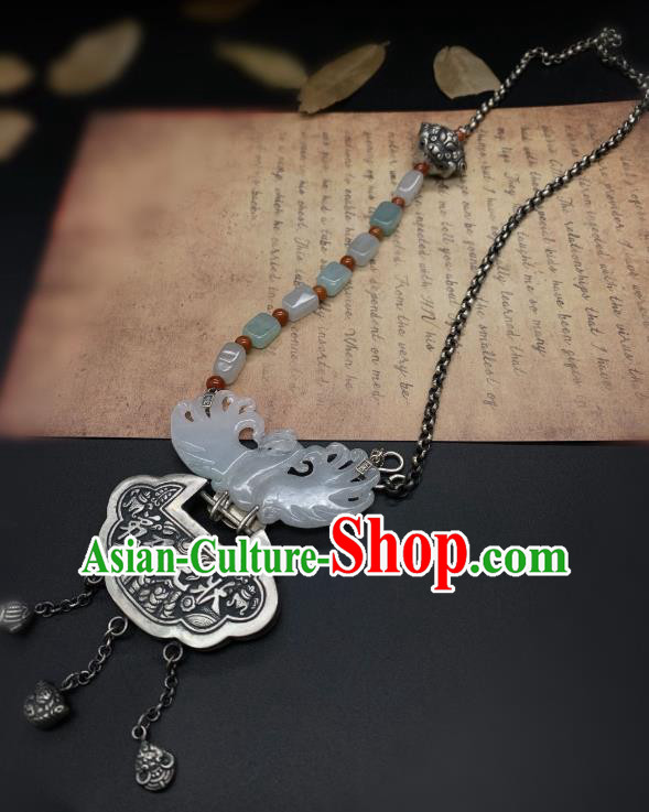 Handmade Chinese Jade Carving Phoenix Necklace Pendant National Silver Lock Tassel Necklet Accessories