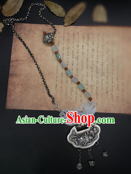 Handmade Chinese Jade Carving Phoenix Necklace Pendant National Silver Lock Tassel Necklet Accessories