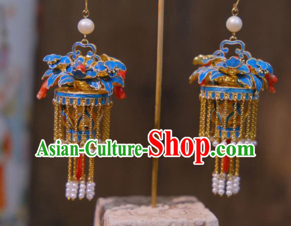 Chinese Cheongsam Blueing Peony Ear Accessories Traditional Culture Jewelry Pearls Tassel Earrings