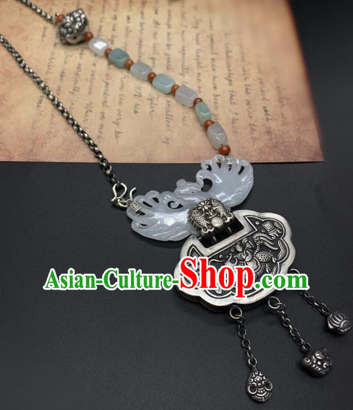 Handmade Chinese Jade Carving Phoenix Necklace Pendant National Silver Lock Tassel Necklet Accessories