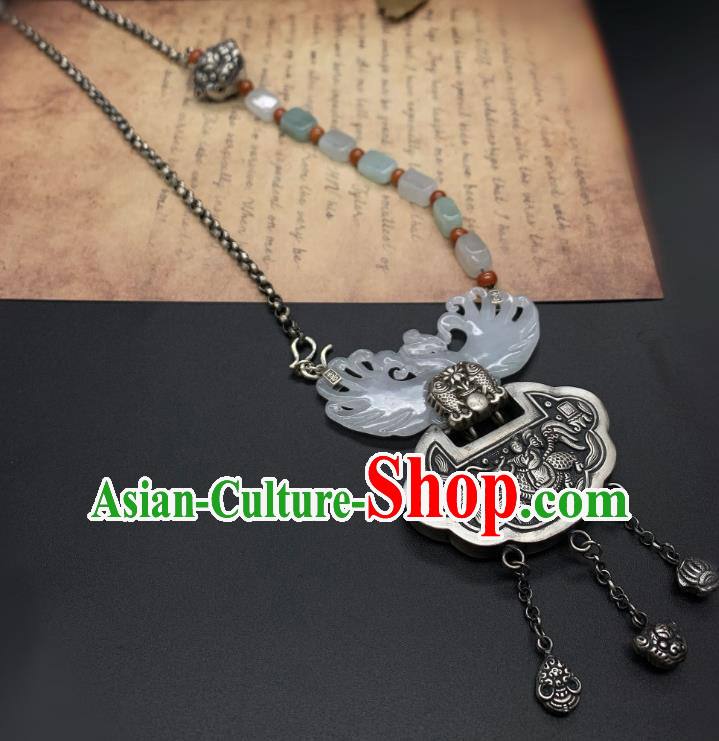 Handmade Chinese Jade Carving Phoenix Necklace Pendant National Silver Lock Tassel Necklet Accessories