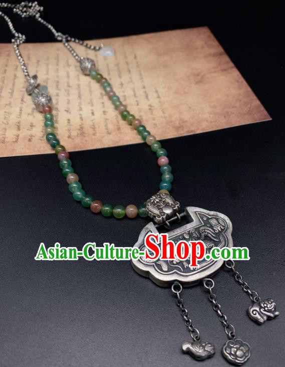 Handmade Chinese Jadeite Beads Necklace Accessories National Silver Lock Tassel Necklet Pendant