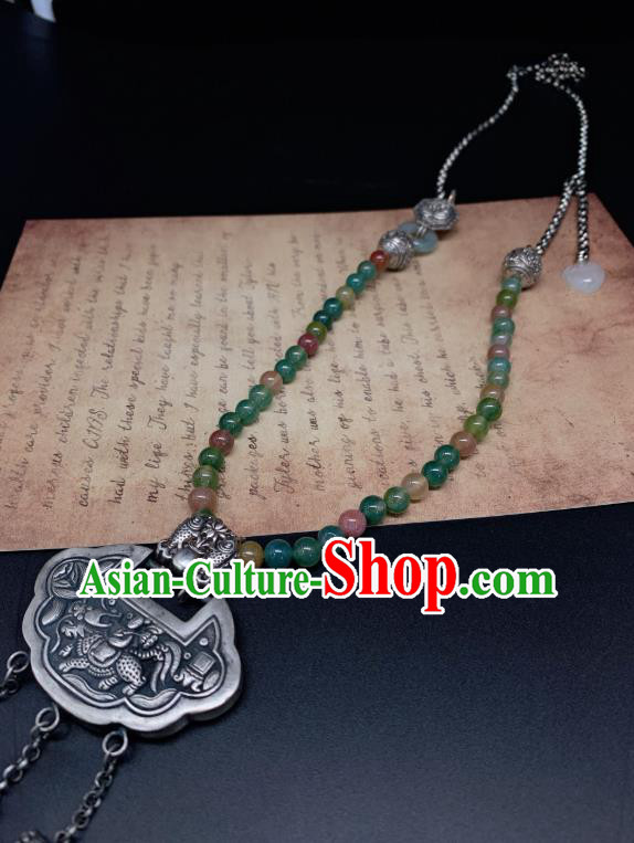 Handmade Chinese Jadeite Beads Necklace Accessories National Silver Lock Tassel Necklet Pendant