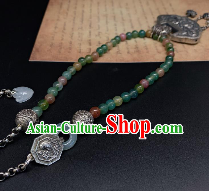 Handmade Chinese Jadeite Beads Necklace Accessories National Silver Lock Tassel Necklet Pendant