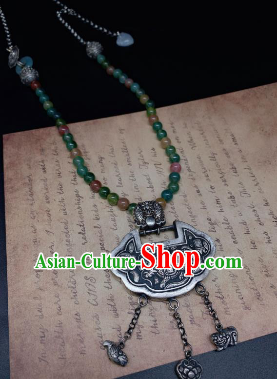 Handmade Chinese Jadeite Beads Necklace Accessories National Silver Lock Tassel Necklet Pendant