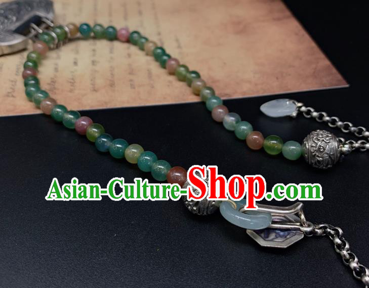 Handmade Chinese Jadeite Beads Necklace Accessories National Silver Lock Tassel Necklet Pendant