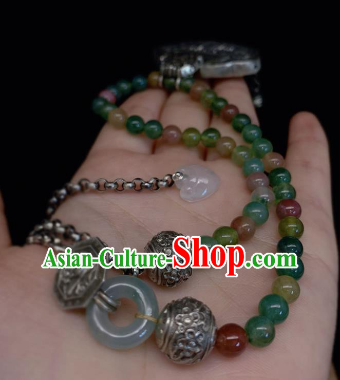Handmade Chinese Jadeite Beads Necklace Accessories National Silver Lock Tassel Necklet Pendant