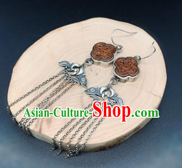 China National Silver Orchid Tassel Earrings Jewelry Traditional Cheongsam Agate Ear Accessories