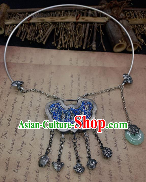 Handmade Chinese Blueing Longevity Lock Necklace Accessories National Silver Necklet Pendant