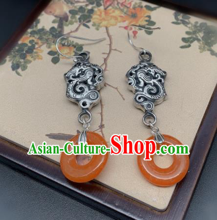 China Traditional Agate Peace Buckle Ear Accessories National Cheongsam Silver Dragon Earrings Jewelry