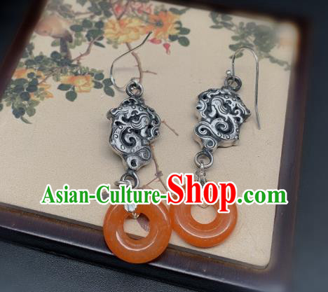 China Traditional Agate Peace Buckle Ear Accessories National Cheongsam Silver Dragon Earrings Jewelry