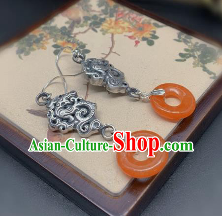 China Traditional Agate Peace Buckle Ear Accessories National Cheongsam Silver Dragon Earrings Jewelry