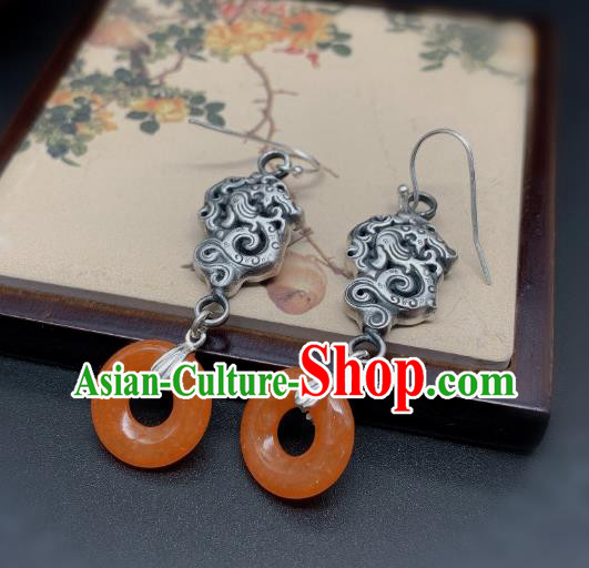 China Traditional Agate Peace Buckle Ear Accessories National Cheongsam Silver Dragon Earrings Jewelry