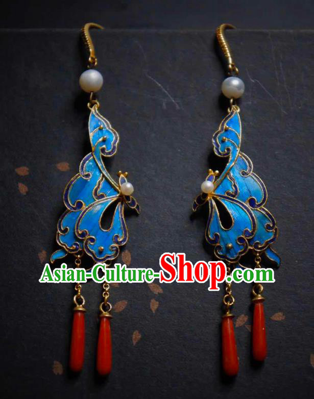 Handmade Chinese Traditional Culture Jewelry Cheongsam Agate Ear Accessories Blueing Butterfly Earrings