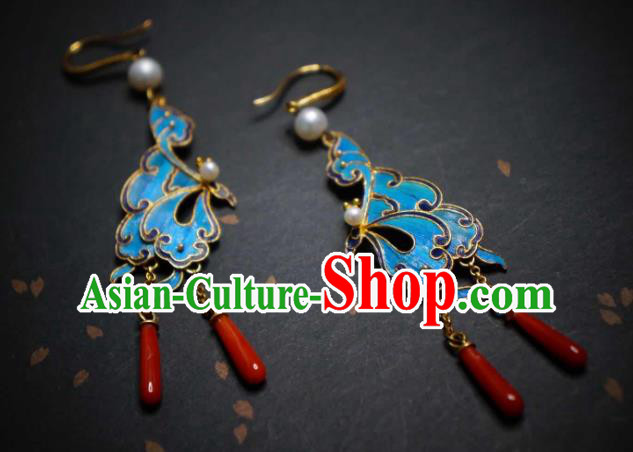 Handmade Chinese Traditional Culture Jewelry Cheongsam Agate Ear Accessories Blueing Butterfly Earrings