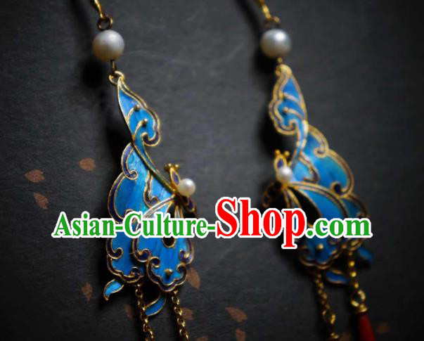 Handmade Chinese Traditional Culture Jewelry Cheongsam Agate Ear Accessories Blueing Butterfly Earrings