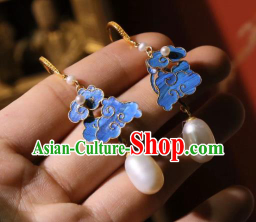 Chinese Cheongsam Blueing Cloud Ear Accessories Traditional Culture Jewelry Pearls Earrings