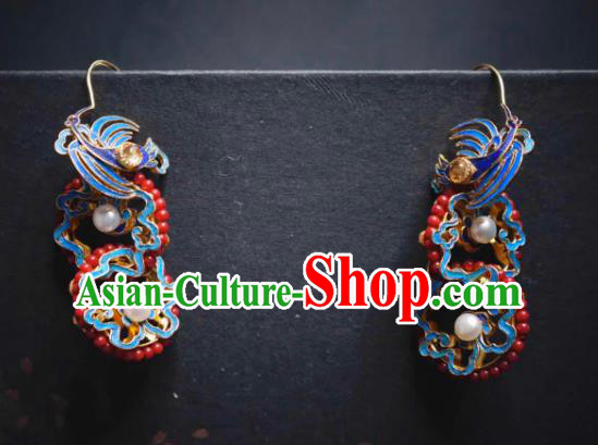 Handmade Chinese Cheongsam Coral Beads Ear Accessories Traditional Culture Jewelry Blueing Crane Earrings
