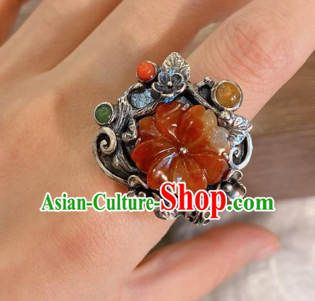 Chinese Handmade National Agate Circlet Wedding Jewelry Silver Plum Blossom Finger Ring
