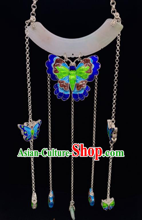 Handmade Chinese Blueing Butterfly Necklace Accessories National Jade Silver Necklet