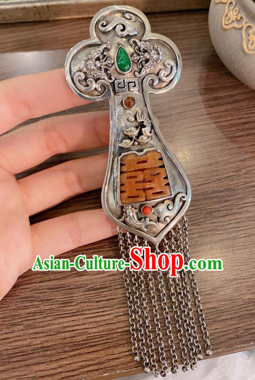Handmade Chinese National Silver Tassel Necklace Pendant Traditional Jadeite Accessories Necklet
