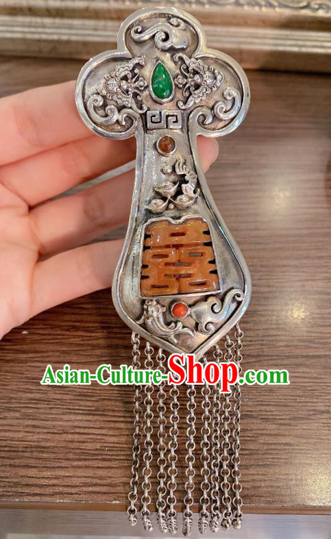 Handmade Chinese National Silver Tassel Necklace Pendant Traditional Jadeite Accessories Necklet