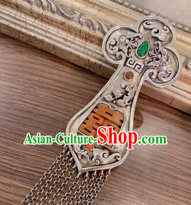 Handmade Chinese National Silver Tassel Necklace Pendant Traditional Jadeite Accessories Necklet