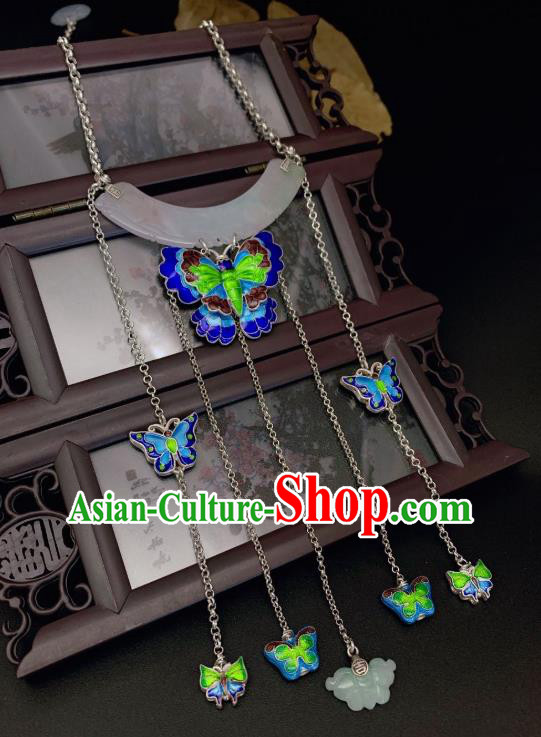 Handmade Chinese Blueing Butterfly Necklace Accessories National Jade Silver Necklet
