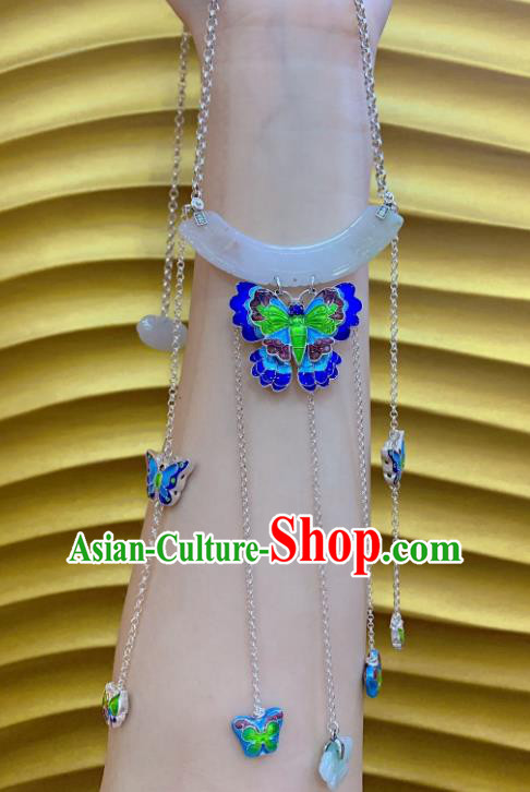 Handmade Chinese Blueing Butterfly Necklace Accessories National Jade Silver Necklet