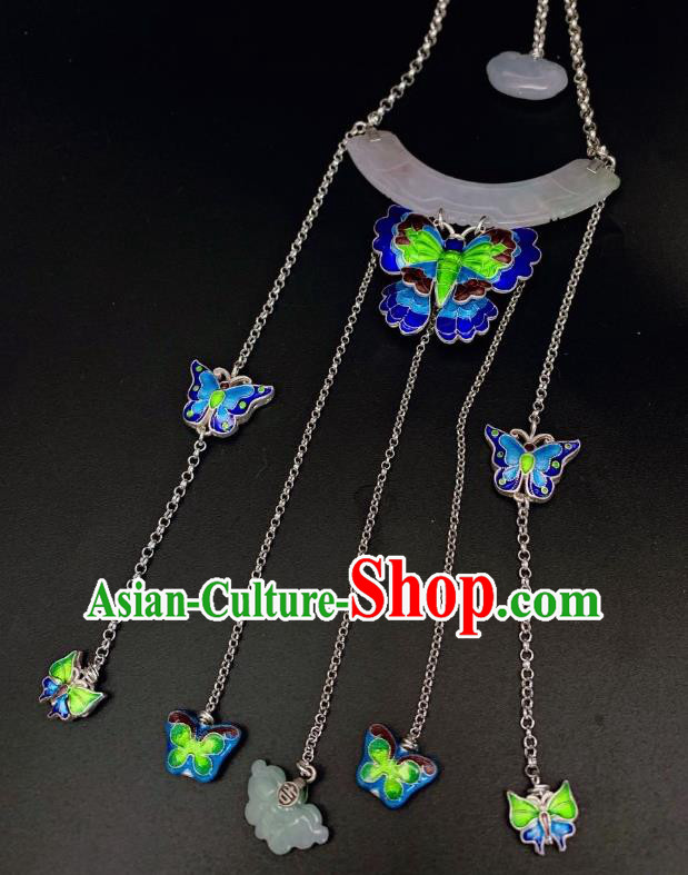 Handmade Chinese Blueing Butterfly Necklace Accessories National Jade Silver Necklet