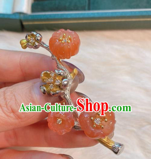 Handmade Chinese National Silver Breastpin Traditional Agate Plum Blossom Brooch Accessories