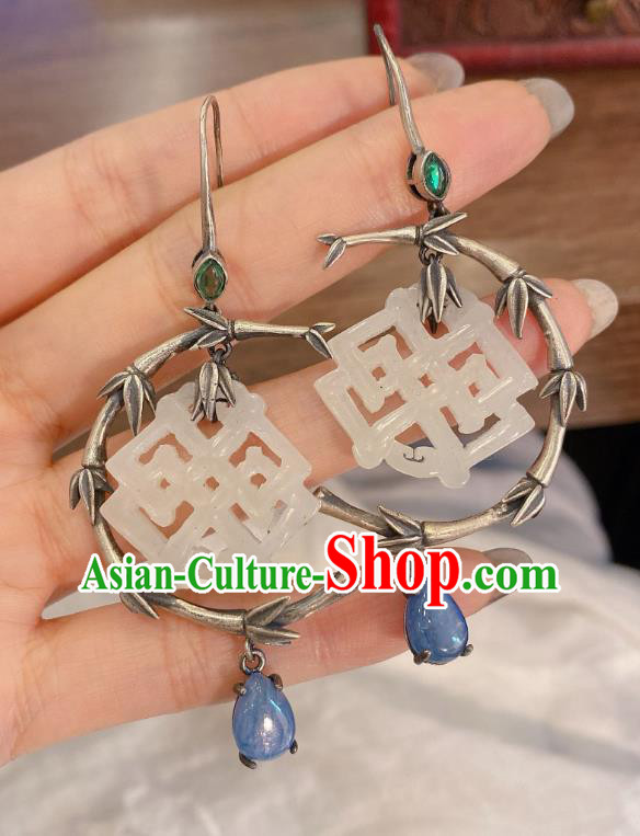 China Classical Silver Bamboo Earrings Traditional Handmade Hetian Jade Ear Accessories
