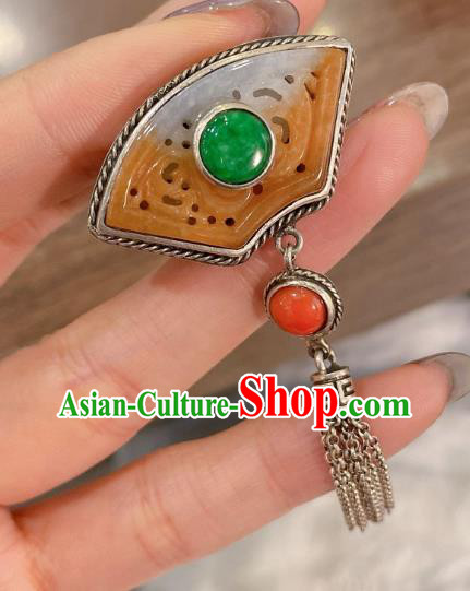 Chinese Handmade National Jadeite Circlet Wedding Jewelry Silver Tassel Finger Ring