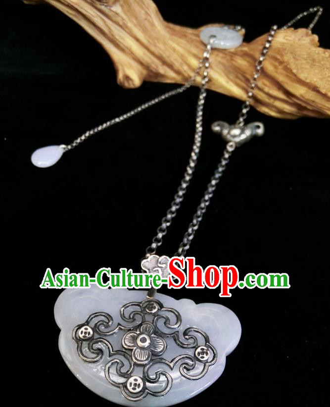 Handmade Chinese White Jade Necklace Accessories National Silver Carving Bat Necklet