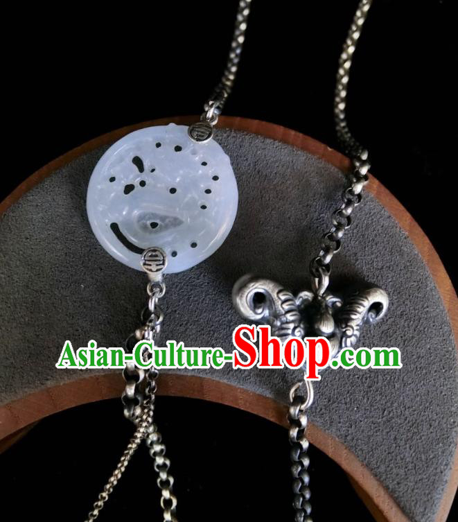 Handmade Chinese White Jade Necklace Accessories National Silver Carving Bat Necklet