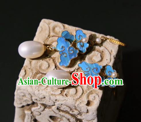 Chinese Cheongsam Blueing Cloud Ear Accessories Traditional Culture Jewelry Pearls Earrings