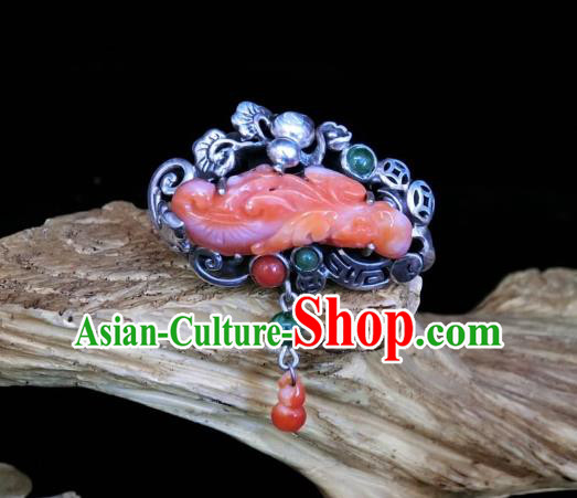 Chinese Handmade Agate Carving Ring National Jewelry Silver Gourd Circlet