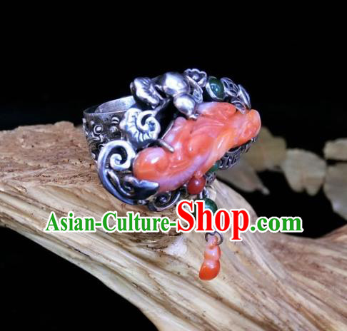 Chinese Handmade Agate Carving Ring National Jewelry Silver Gourd Circlet