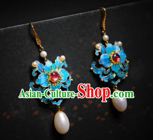 Handmade Chinese Cheongsam Pearls Ear Accessories Traditional Culture Jewelry Blue Peony Earrings