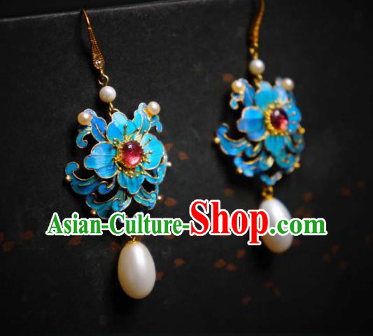 Handmade Chinese Cheongsam Pearls Ear Accessories Traditional Culture Jewelry Blue Peony Earrings