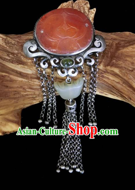 Handmade Chinese Jade Ingot Necklace Accessories National Agate Carving Lotus Necklet Pendant