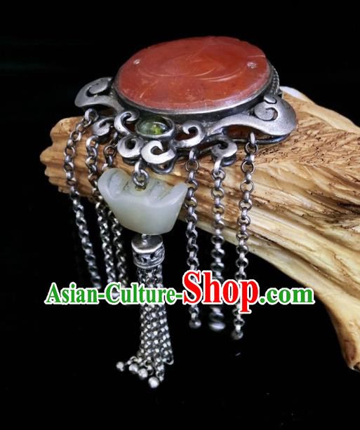 Handmade Chinese Jade Ingot Necklace Accessories National Agate Carving Lotus Necklet Pendant