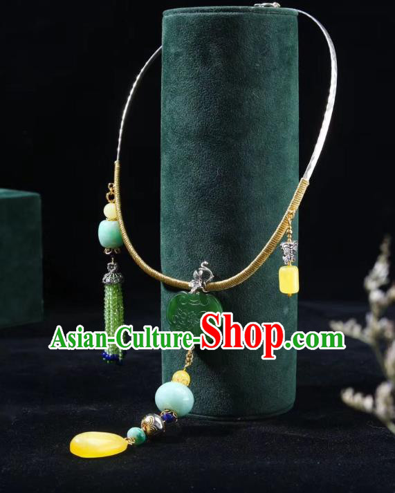 Handmade Chinese National Jadeite Necklace Traditional Beeswax Necklet Accessories