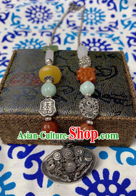 Handmade Chinese Wedding Silver Lock Necklace Accessories National Jade Gems Necklet Pendant